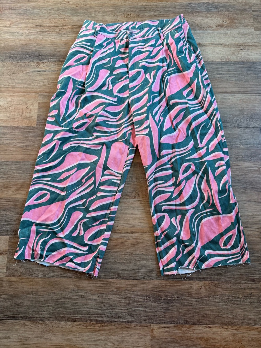Lucy & Yak Avant Garde Pink and Green Abstract Zebra Print Trousers Size W 36/R